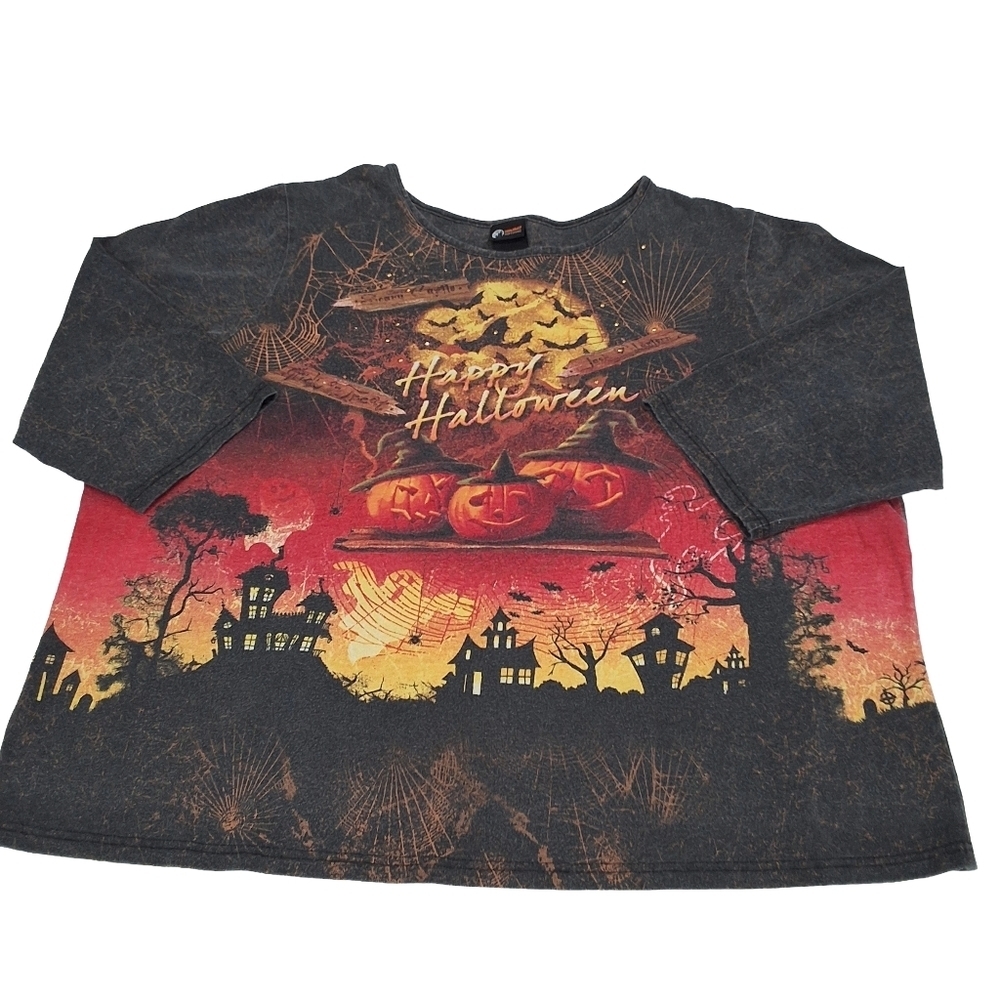 ✨2/$25 Y2k VTG~Holiday Editions~Halloween Graphic~Rhinestone~Acid Wash Shirt~2X - Picture 2 of 8